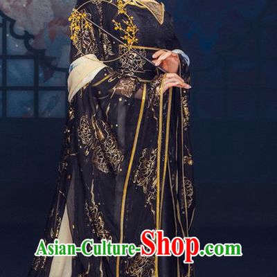 China Ancient Court Woman Black Hanfu Dress Garments Traditional Tang Dynasty Imperial Consort Historical Clothing and Headpieces Complete Set