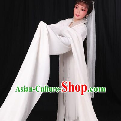 China Yue Opera Distress Woman Garment Costumes Peking Opera Actress Clothing Ancient Widow White Water Sleeve Dress