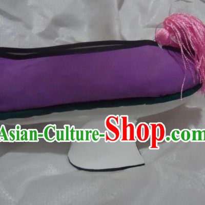 China Qing Dynasty Princess Shoes Traditional Peking Opera Hua Tan Shoes Peking Opera Diva Purple Satin Shoes