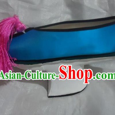 China Peking Opera Diva Blue Satin Shoes Qing Dynasty Princess Shoes Traditional Peking Opera Hua Tan Shoes