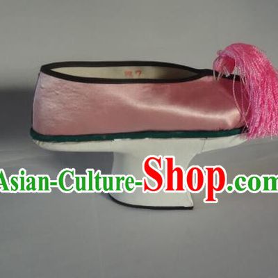 China Peking Opera Actress Pink Satin Shoes Qing Dynasty Imperial Consort Shoes Traditional Peking Opera Diva Shoes