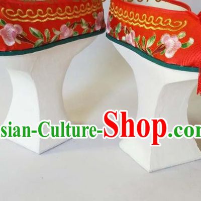 China Beijing Opera Hua Tan Red Embroidered Shoes Qing Dynasty Princess Shoes Traditional Peking Opera Actress Shoes