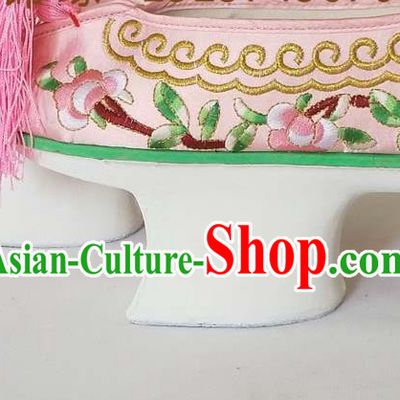 China Traditional Peking Opera Actress Shoes Beijing Opera Hua Tan Pink Embroidered Shoes Qing Dynasty Princess Satin Shoes
