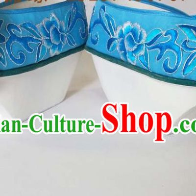 China Beijing Opera Hua Tan Embroidered Shoes Qing Dynasty Princess Blue Satin Shoes Traditional Peking Opera Actress Shoes