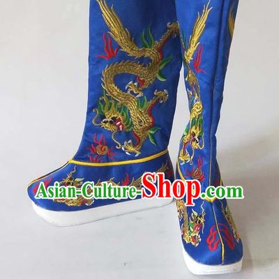 China Traditional Peking Opera Emperor Shoes Beijing Opera Embroidered Dragon Shoes Sichuan Opera Royalblue Satin Boots