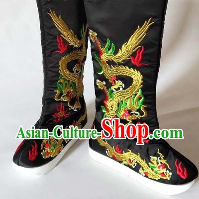 China Sichuan Opera Black Satin Boots Traditional Peking Opera Emperor Shoes Beijing Opera Embroidered Dragon Shoes
