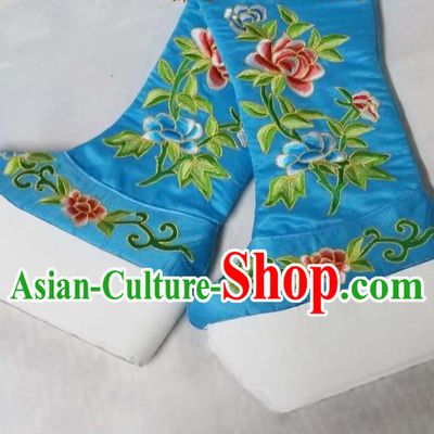 China Traditional Peking Opera Shoes Beijing Opera Embroidered Peony Shoes Sichuan Opera Female General Blue Satin Boots