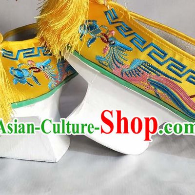 China Traditional Peking Opera Diva Shoes Beijing Opera Hua Tan Embroidered Phoenix Shoes Qing Dynasty Empress Yellow Satin Shoes