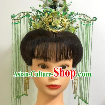 Chinese Peking Opera Actress Green Tassel Hair Crown Traditional Beijing Opera Hua Tan Phoenix Coronet Gezi Opera Princess Hair Accessories