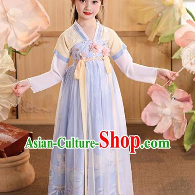 China Children Dance Blue Hanfu Dress Ancient Girls Fairy Fashion Costumes Traditional Tang Dynasty Kid Clothing
