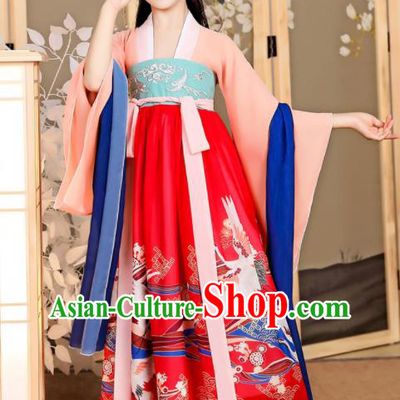 China Traditional Printing Cranes Red Hanfu Dress Tang Dynasty Girl Princess Clothing Children Stage Show Garment Costumes