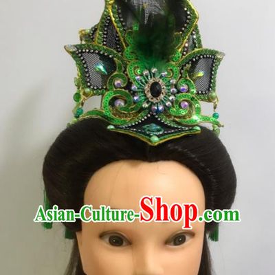 China Traditional Peking Opera Niche Headpiece Beijing Opera Xiaosheng Green Feather Hair Crown Fujian Gezi Opera Prince Headwear