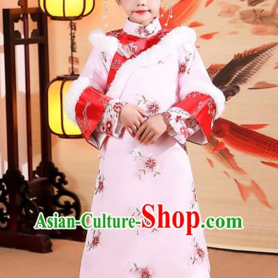 China Traditional Court Kid Pink Qipao Dress Qing Dynasty Girl Princess Clothing Children Stage Show Winter Costumes