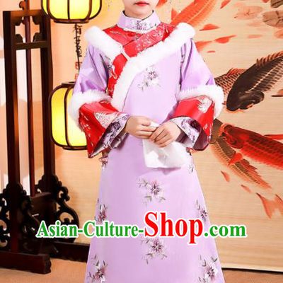 China Children Stage Show Winter Costumes Traditional Court Kid Violet Qipao Dress Qing Dynasty Girl Princess Clothing