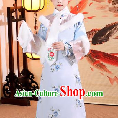 China Qing Dynasty Children Princess Clothing Girl Stage Show Winter Costumes Traditional Court Kid Embroidered Blue Qipao Dress