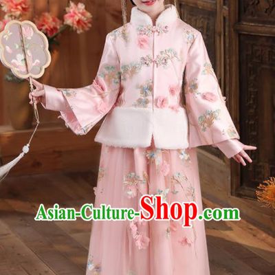 China Traditional New Year Pink Hanfu Dress Ming Dynasty Girl Clothing Children Stage Show Tang Suits