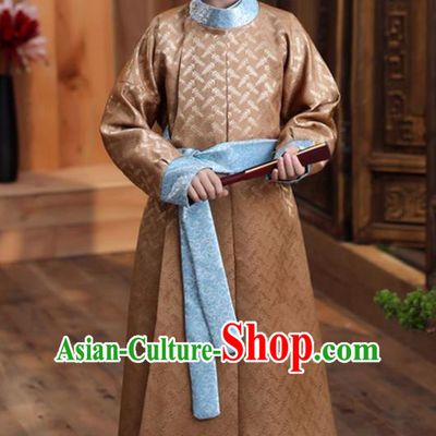 Chinese Qing Dynasty Kid Prince Clothing Traditional Stage Performance Costume Ancient Boys Childe Brown Robe