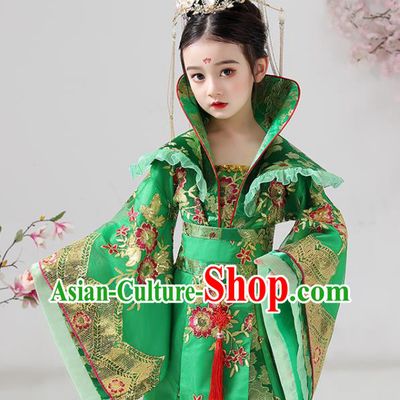 China Ancient Children Costumes Traditional Stage Show Queen Green Hanfu Dress Tang Dynasty Girl Empress Clothing