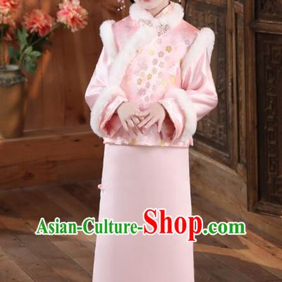 China Children Stage Show Cheongsam Traditional Court Pink Qipao Dress Qing Dynasty Girl Princess Clothing