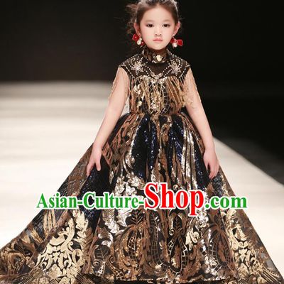 Professional Children Piano Performance Formal Clothing Girl Stage Show Fashion Costume Baroque Catwalks Trailing Full Dress
