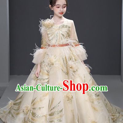 Professional Children Compere Formal Costume Flower Girl Garment Stage Show Fashion Clothing Catwalks Beige Trailing Evening Dress
