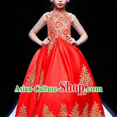 Professional Girl Stage Show Fashion Clothing Catwalks Red Evening Dress Children Compere Formal Costume