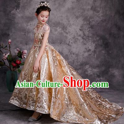 Professional Catwalks Golden Trailing Evening Dress Children Performance Formal Costume Girl Compere Garment Baroque Stage Show Fashion Clothing