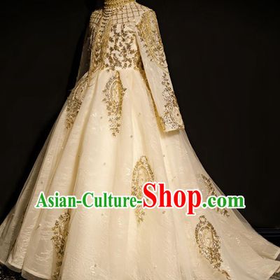 Professional Stage Show Fashion Clothing Catwalks Beige Trailing Evening Dress Children Compere Formal Costume Baroque Girl Princess Garment