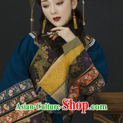 China Ancient Imperial Consort Garment Costumes Qing Dynasty Noble Woman Blue Dress Clothing Complete Set