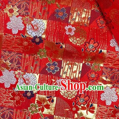 Asian Camellia Pattern Satin Drapery Japanese Traditional Tapestry Fabric Kimono Red Nishijin Brocade