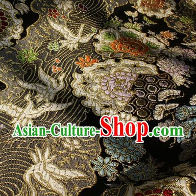 Japanese Kimono Tapestry Fabric Black Nishijin Brocade Asian Traditional Wave Crane Pattern Satin Drapery