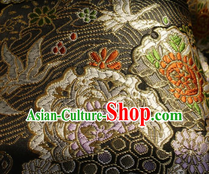 Japanese Kimono Tapestry Fabric Black Nishijin Brocade Asian Traditional Wave Crane Pattern Satin Drapery Japanese Kimono Tapestry Fabric Black Nishijin Brocade Asian Traditional Wave Crane Pattern Satin Drapery