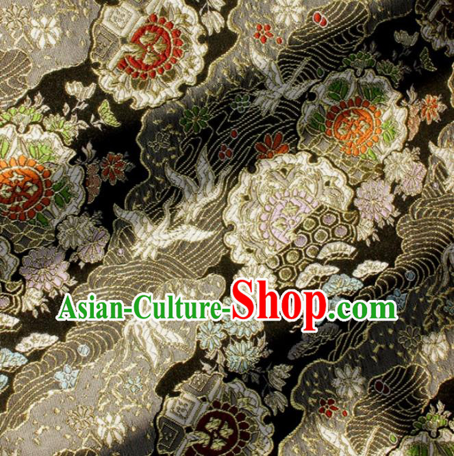 Japanese Kimono Tapestry Fabric Black Nishijin Brocade Asian Traditional Wave Crane Pattern Satin Drapery Japanese Kimono Tapestry Fabric Black Nishijin Brocade Asian Traditional Wave Crane Pattern Satin Drapery