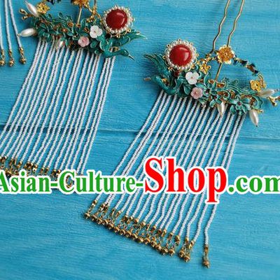 Chinese Ancient Princess Pearls Tassel Hairpin Traditional Wedding Hair Accessories Ming Dynasty Court Lady Cloisonne Hair Stick