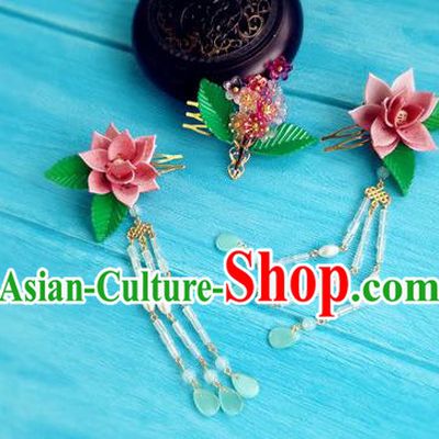 Chinese Song Dynasty Imperial Consort Tassel Hairpins Traditional Hanfu Hair Accessories Ancient Court Woman Pink Lotus Hair Combs