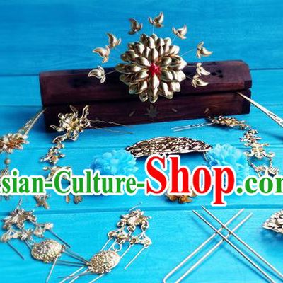 Chinese Tang Dynasty Imperial Consort Hairpins Traditional Hanfu Hair Accessories Ancient Empress Golden Peony Hair Crown