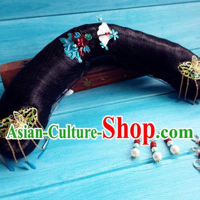 China Ancient Imperial Consort Hairpieces Drama Story of Yanxi Palace Zhang Jiani Headdress Traditional Qing Dynasty Manchu Woman Wigs and Hairpins