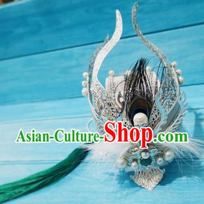 Chinese Traditional Warring States Period Childe Headpiece Ancient Swordsman Argent Hairdo Crown Drama Born in Limbo Prince Hair Accessories