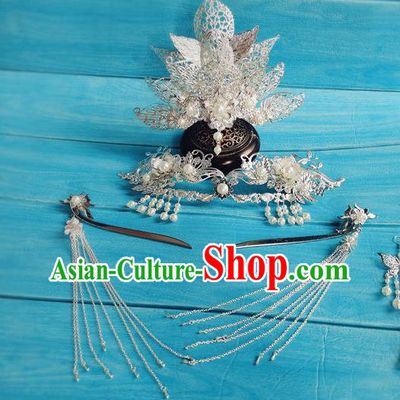 Chinese Tang Dynasty Court Woman Tassel Hairpin Traditional Hanfu Hair Accessories Ancient Imperial Consort Argent Hair Crown