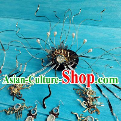 Chinese Ancient Fairy Queen Tassel Hairpins Traditional Hanfu Hair Accessories Jin Dynasty Empress Golden Lotus Hair Crown