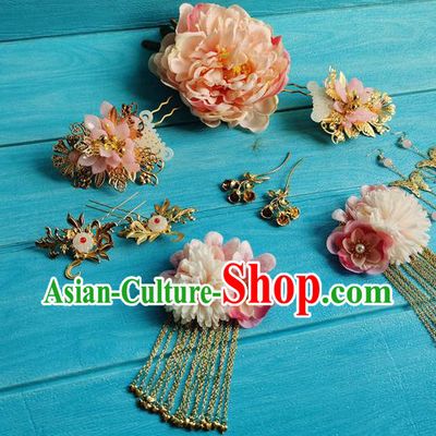 Chinese Ancient Imperial Consort Hairpins Traditional Hanfu Hair Accessories Tang Dynasty Pink Peony Hair Crown Full Set