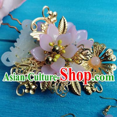 Chinese Traditional Hanfu Hair Accessories Tang Dynasty Princess Jade Hair Stick Ancient Palace Lady Golden Flowers Hairpin