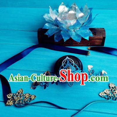 Chinese Tang Dynasty Princess Hairpins Ancient Empress Blue Lotus Hair Crown Traditional Hanfu Hair Accessories Full Set