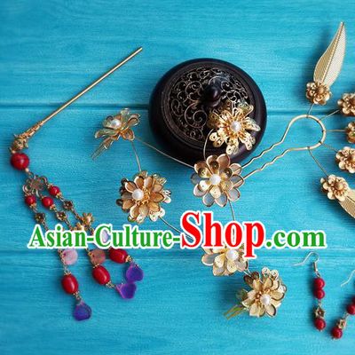 Chinese Tang Dynasty Queen Hair Stick Traditional Hanfu Hair Accessories Ancient Princess Golden Leaf Hairpins Full Set