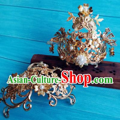 Chinese Jin Dynasty Empress Hairpins Traditional Hanfu Wedding Hair Accessories Ancient Queen Fu Yao Golden Hair Crown