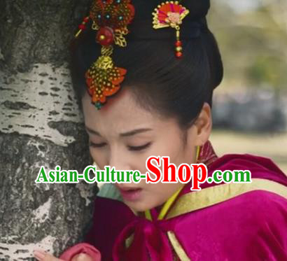 Chinese Traditional Hanfu Hair Accessories Ancient Young Lady Red Fan Hair Stick Chinese Traditional Hanfu Hair Accessories Ancient Young Lady Red Fan Hair Stick