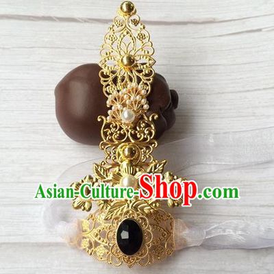 Chinese Ancient Swordsman Golden Hairdo Crown Traditional Tang Dynasty Prince Headpiece