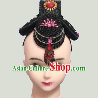 China Classical Dance Hairpieces Traditional Flying Dance Wigs Court Dance Hair Accessories