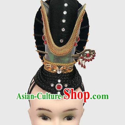 China Classical Dance Hairpieces Traditional Tang Dynasty Court Dance Wigs Woman Solo Dance Hair Clasp