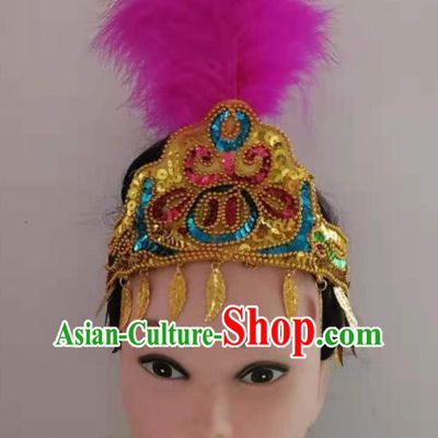 Chinese Minority Stage Performance Rosy Feather Hair Crown Xinjiang Ethnic Folk Dance Hair Clasp Traditional Uyghur Nationality Dance Headpieces